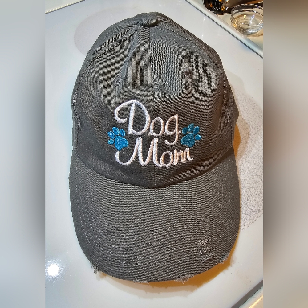'District' brand Gray and Blue DOG MOM Cap with Distressed Accents 100% Cotton